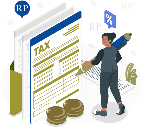 Tax document with coins and a woman writing representing tax software services in Indonesia