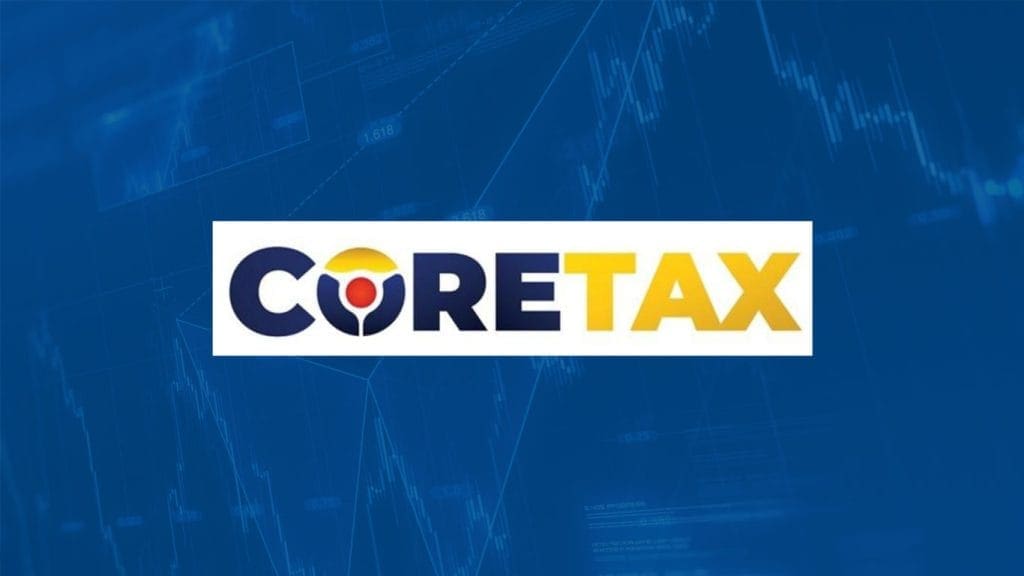 Coretax software logo for tax management and financial solutions in Indonesia, powered by Pro-Int; modern digital background with financial charts and analytics.