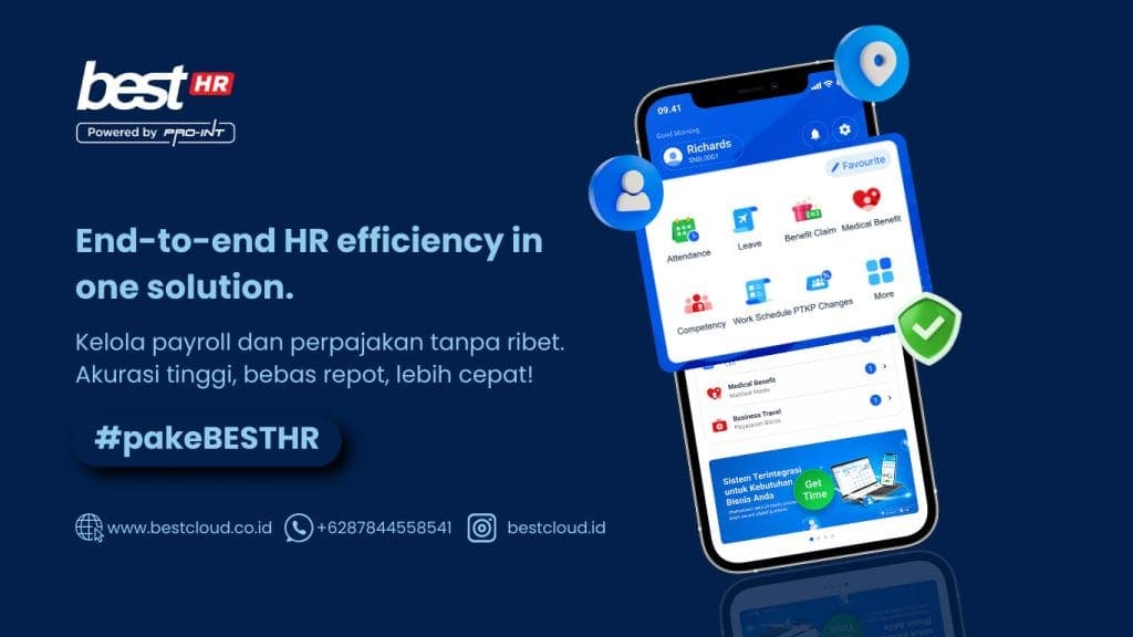1  BEST Software Indonesia  Powered by ProInt End to end HR management software screenshot showcasing payroll attendance leave benefits and work schedule features on a mobile device