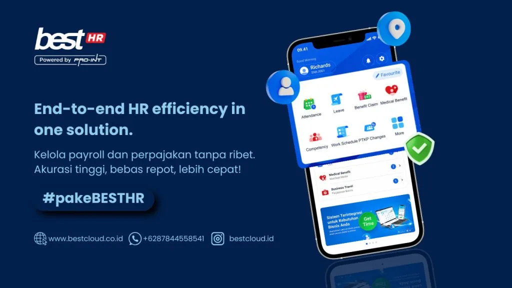 1 BEST Software Indonesia Powered by ProInt End to end HR management software screenshot showcasing payroll attendance leave benefits and work schedule features on a mobile device