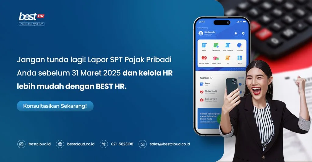 CTA BEST Software Indonesia Powered by ProInt Best software Indonesia HR management app on mobile screen for business productivity and employee management