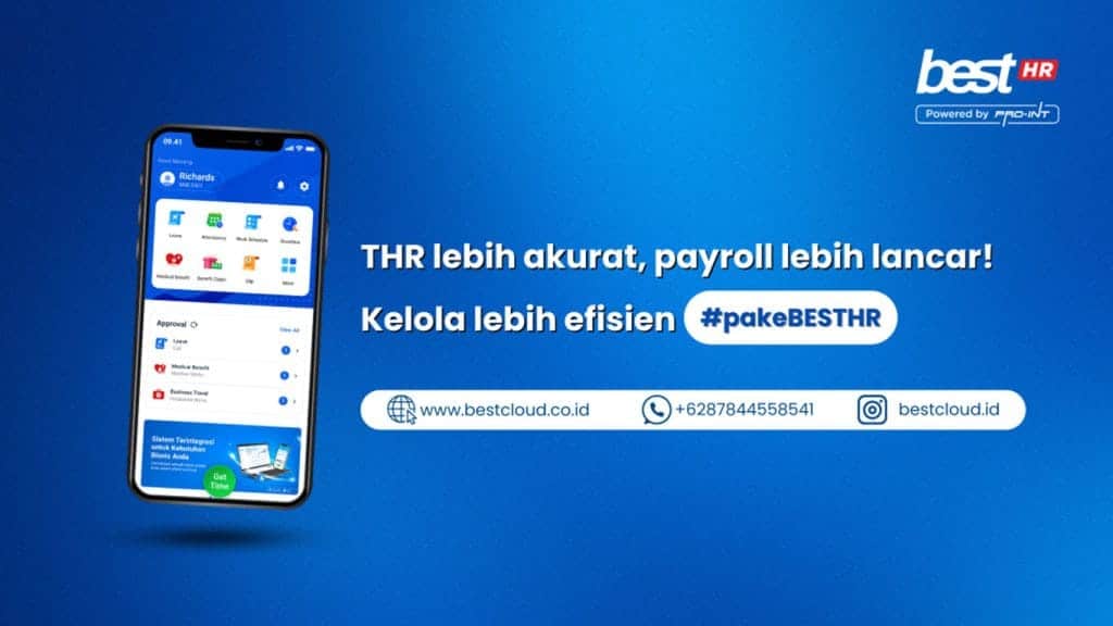 CTA  BEST Software Indonesia  Powered by ProInt Mobile phone displaying BESTHR payroll software on the screen promoting accurate payroll management and integration with BEST Software Indonesia