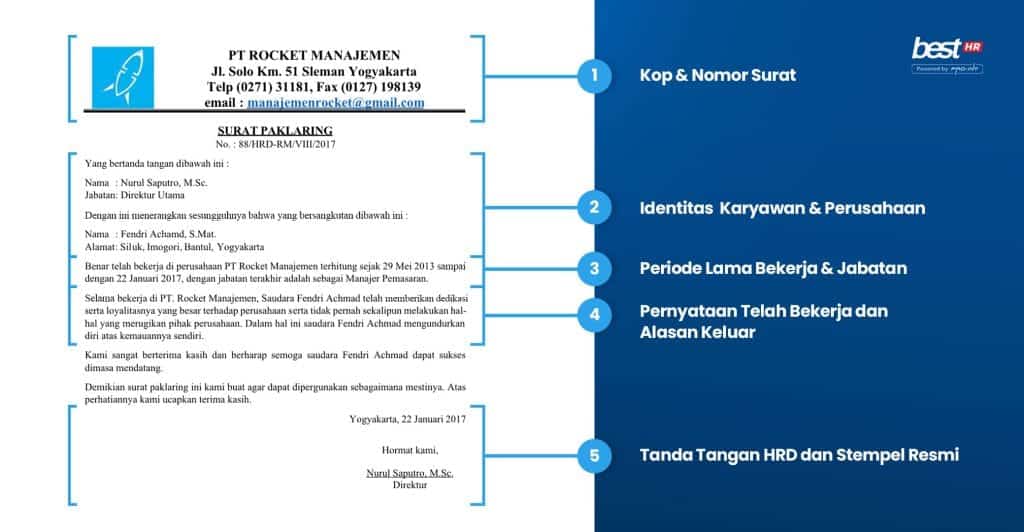 Surat paklaring official work experience letter with job position and performance details for employment verification and legal documentation in Indonesia