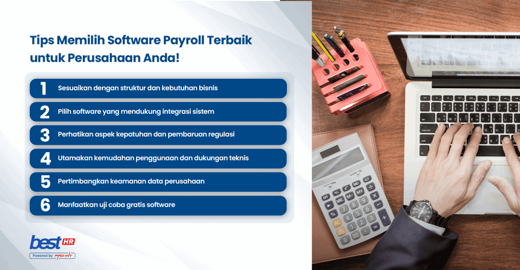 Easy to read infographic highlighting tips for choosing the best payroll software for your business Includes points on structure system integration compliance usability security and free trial benefits