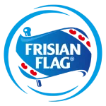 FRISIAN FLAG logo with a blue background featuring a stylized flag design with red hearts representing the Friesland Flag brand associated with dairy products and quality assurance