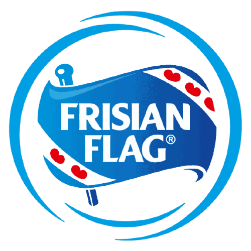 FRISIAN FLAG logo with a blue background, featuring a stylized flag design with red hearts, representing the Friesland Flag brand associated with dairy products and quality assurance.