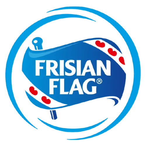 FRISIAN FLAG logo with a blue background, featuring a stylized flag design with red hearts, representing the Friesland Flag brand associated with dairy products and quality assurance.