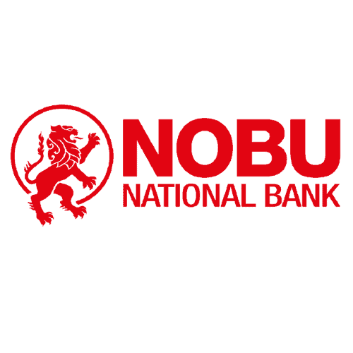Nobu National Bank logo featuring a red lion emblem and bold text on a dark background, representing strength and trust in financial services.