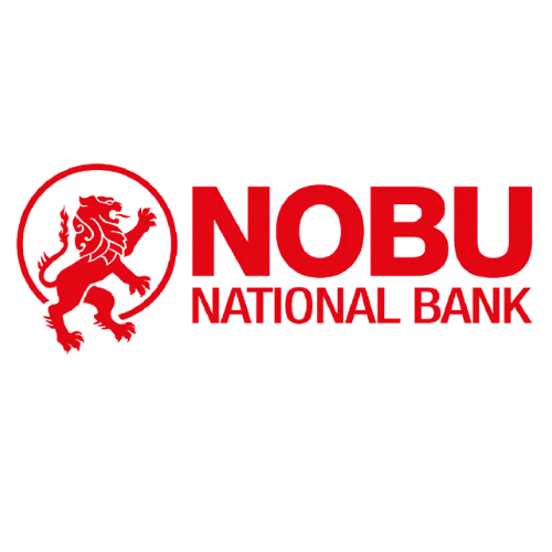 Nobu National Bank logo featuring a red lion emblem and bold text on a dark background, representing strength and trust in financial services.