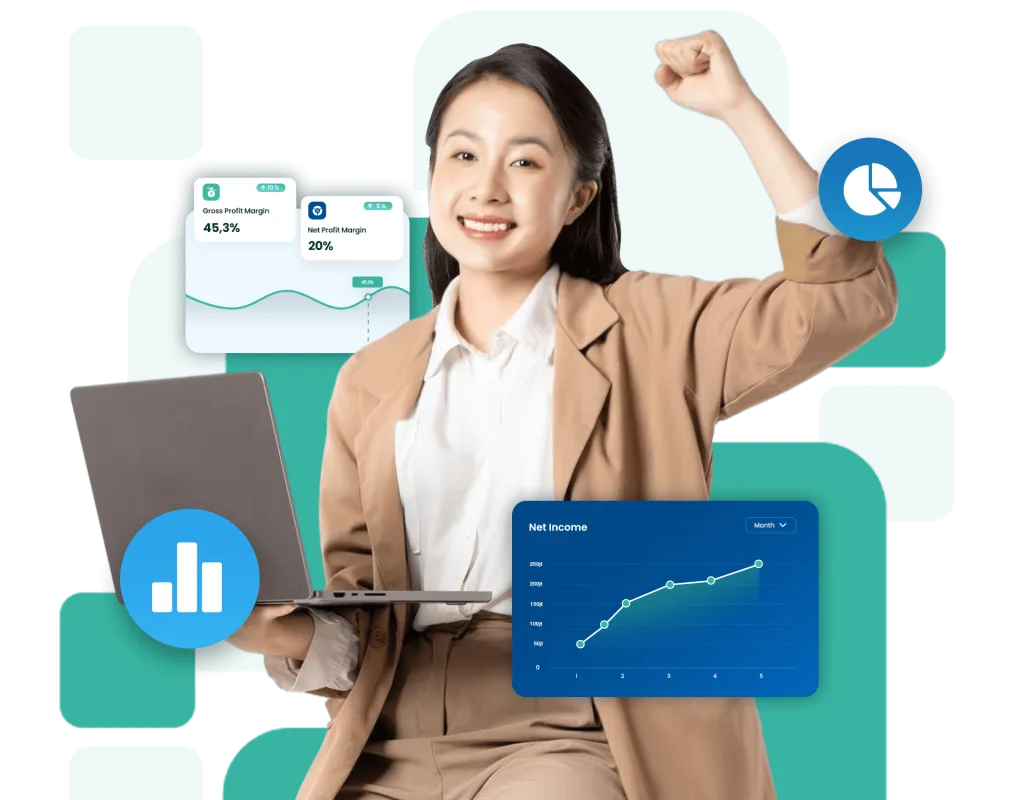 Cloud based business software dashboard showcasing data analytics and financial metrics for Indonesia companies