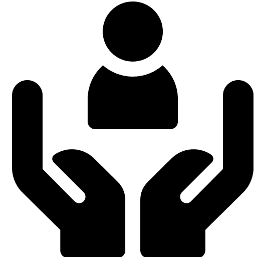 A persons silhouette being supported by two open hands symbolizing care and protection