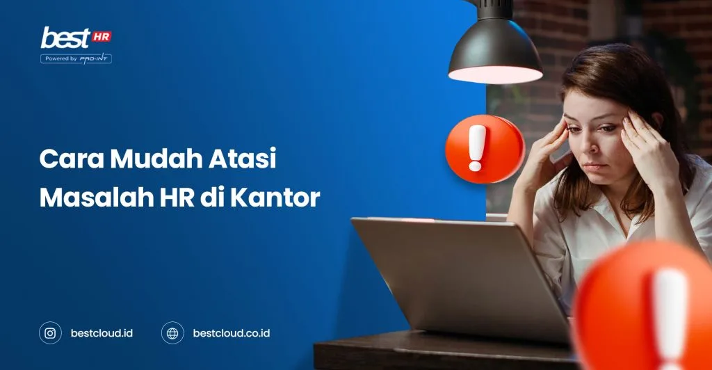 Troubled woman with headache at her desk indoor managing HR issues with stress using a laptop for HR problem solving in an office environment