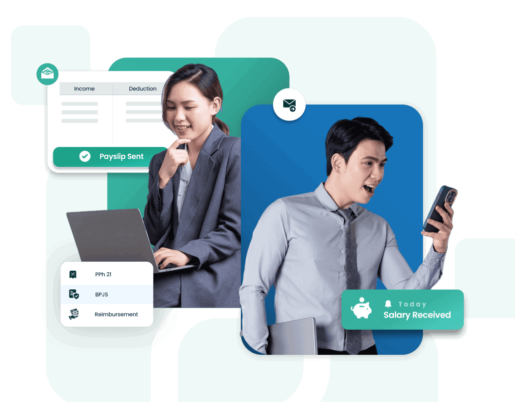 Payslip notification and payroll management software interface with professionals using digital tools in Indonesia
