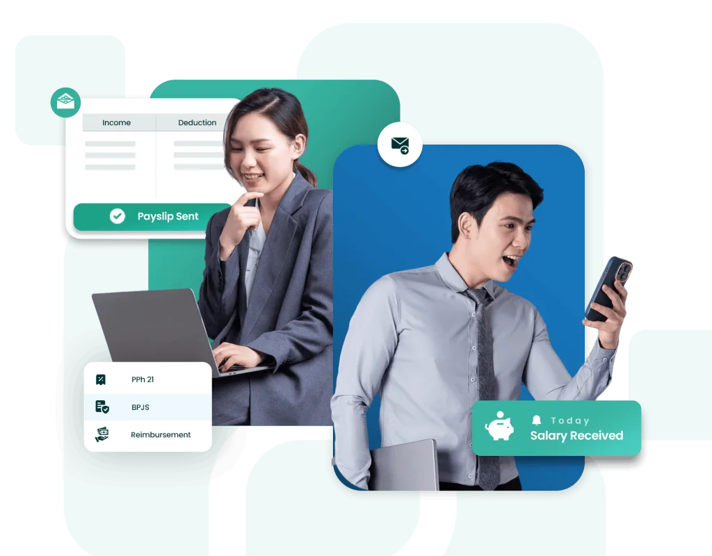 Payslip notification and payroll management software interface with professionals using digital tools in Indonesia