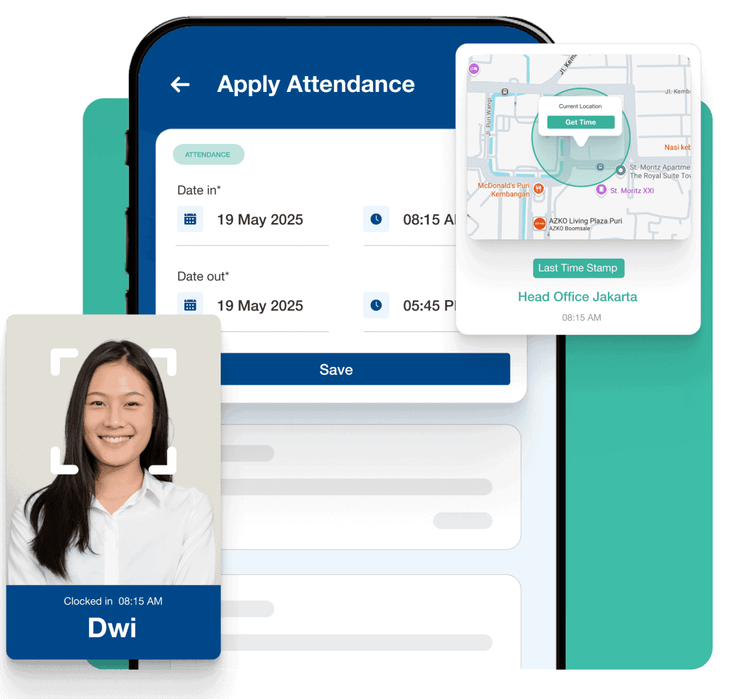 Digital attendance management app screenshot showcasing application features real time location tracking and seamless clock inclock out functionality for efficient workforce tracking in Indonesia