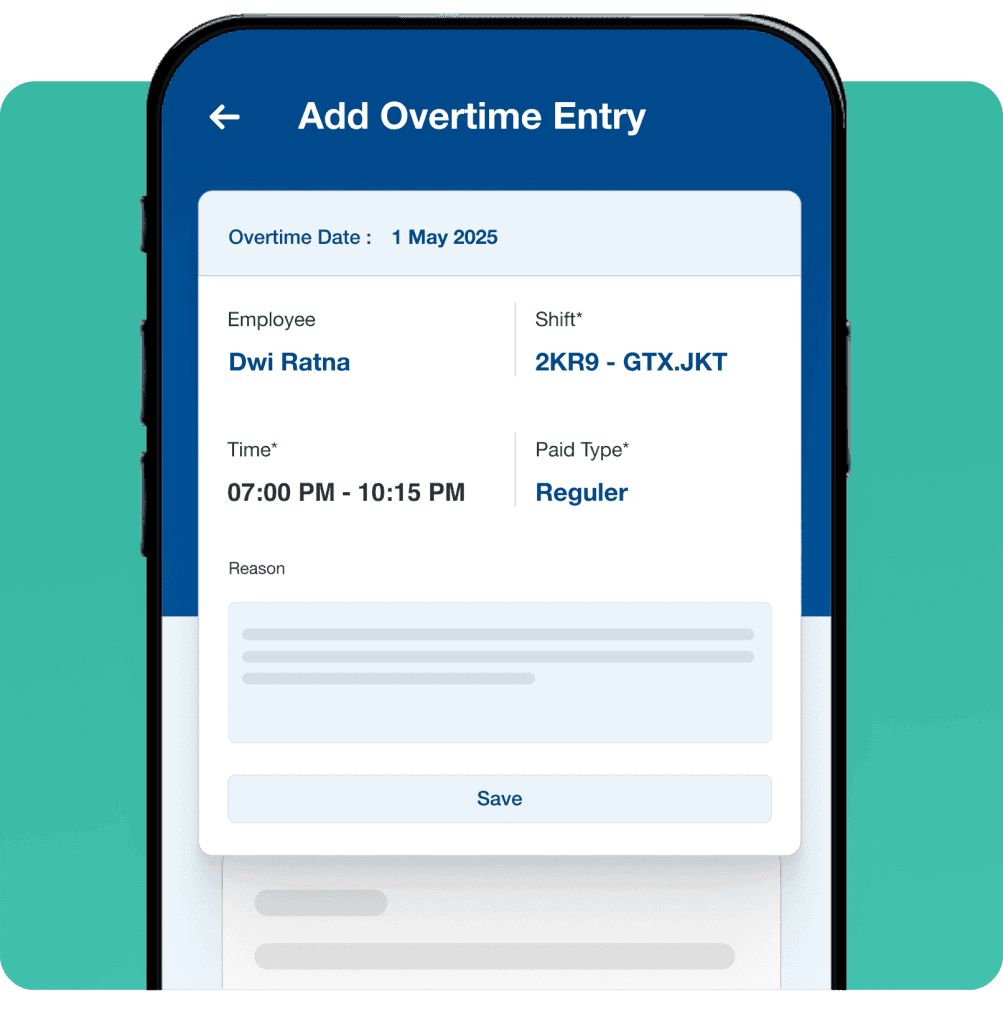 Add overtime entry on a mobile payroll management app for employee Dwi Ratna showing shift details and hours worked