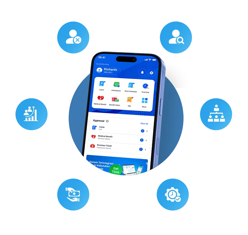 CRM employee management and workforce scheduling app on smartphone screen at BEST Software Indonesia   Powered by Pro Int for business automation