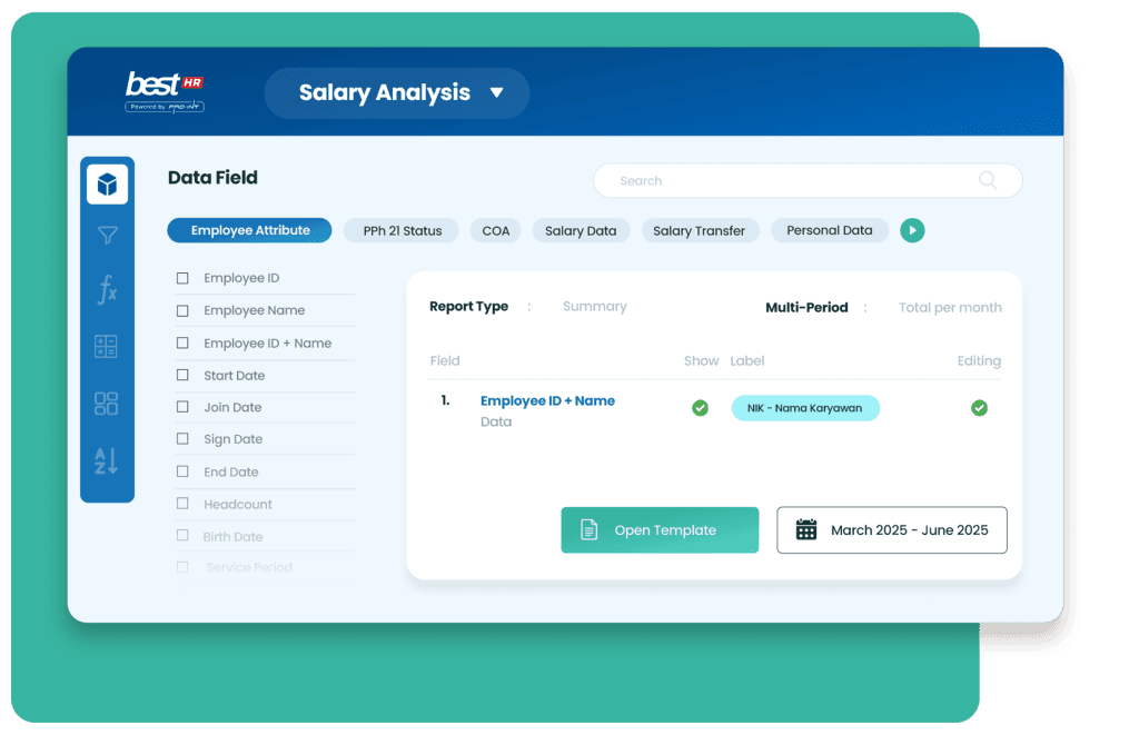 Employee payroll management software interface in Indonesia showing salary analysis and data fields for HR management powered by Pro Int for seamless HR solutions