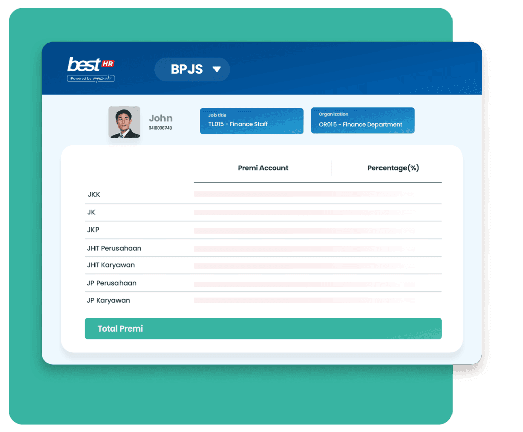 Payroll management screen from BEST Software Indonesia powered by Pro Int showcasing employee salary details and premium account data in a user friendly HR software interface
