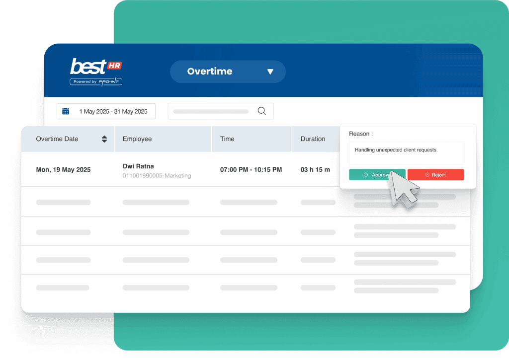 Efficient employee overtime management software in Indonesia by BEST Software powered by Pro Int streamlines tracking approvals and records for optimal HR operations