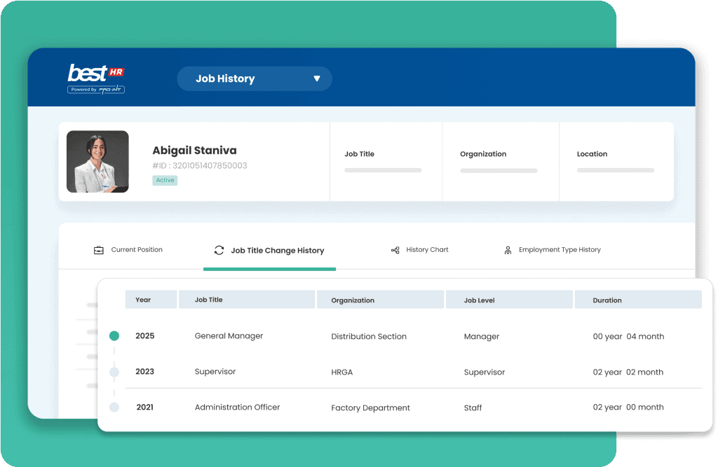 HR software interface for employee job history management at Best Cloud Indonesia