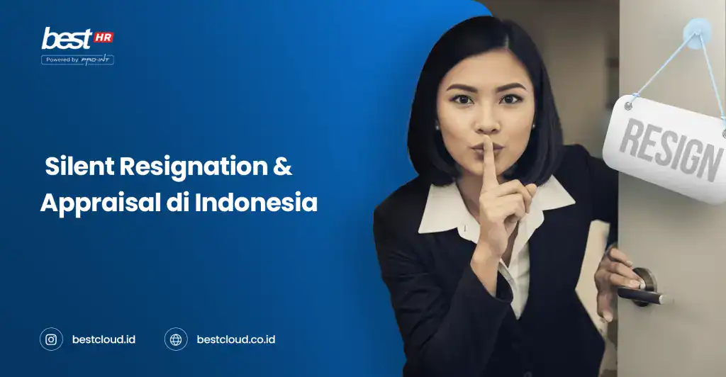 Silent resignation and appraisal management software in Indonesia, powered by Pro-Int, showcased by a professional woman signaling confidentiality and discreet handling of HR processes.