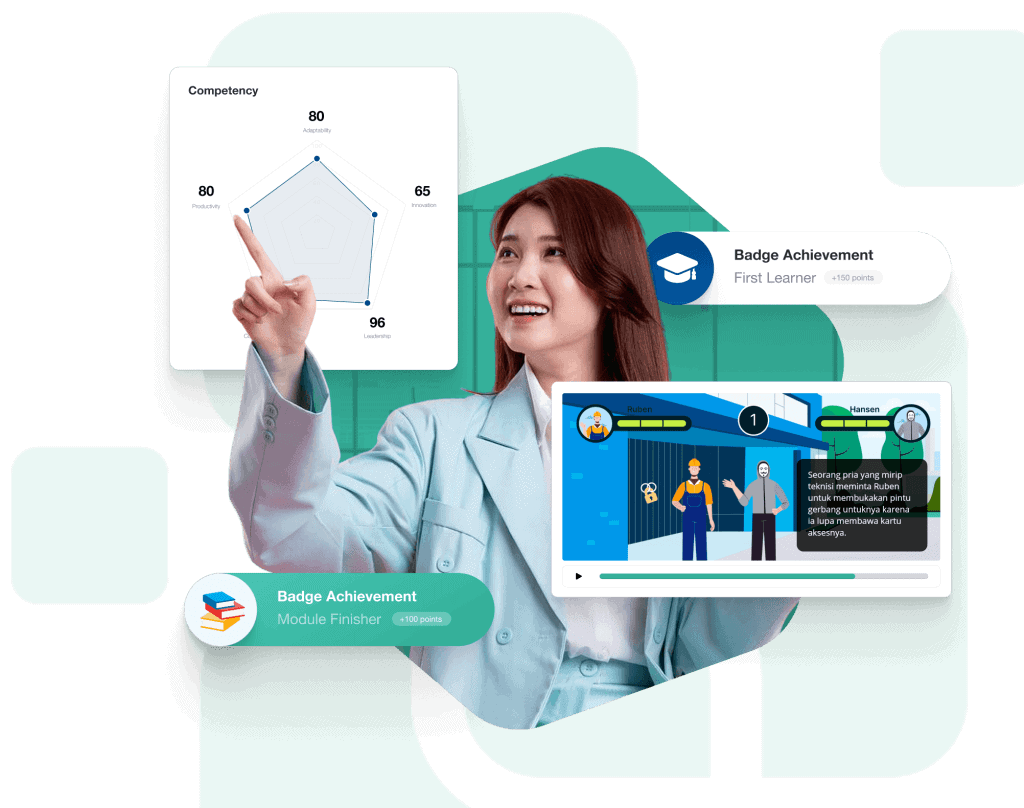 Certified professional woman in business attire pointing at digital dashboard with achievement badges and progress charts for best cloud software Indonesia   Powered by Pro Int