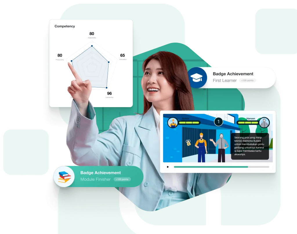 Certified professional woman in business attire pointing at digital dashboard with achievement badges and progress charts for best cloud software Indonesia   Powered by Pro Int
