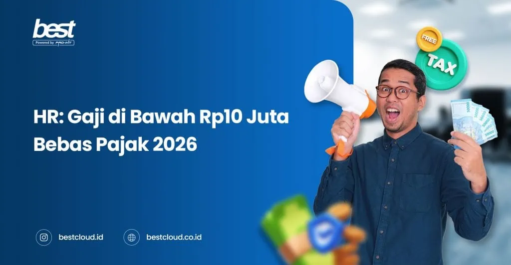 Image of a man holding cash and a megaphone, promoting tax exemption for employees earning below Rp10 juta until 2026.