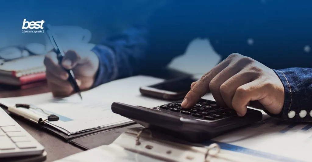 PPh21 dan PPh23 Perbedaan dan Tarif BEST Software Indonesia Powered by ProInt Person calculating taxes with a calculator and documents illustrating PPh 21 and PPh 23 tax concepts in Indonesia