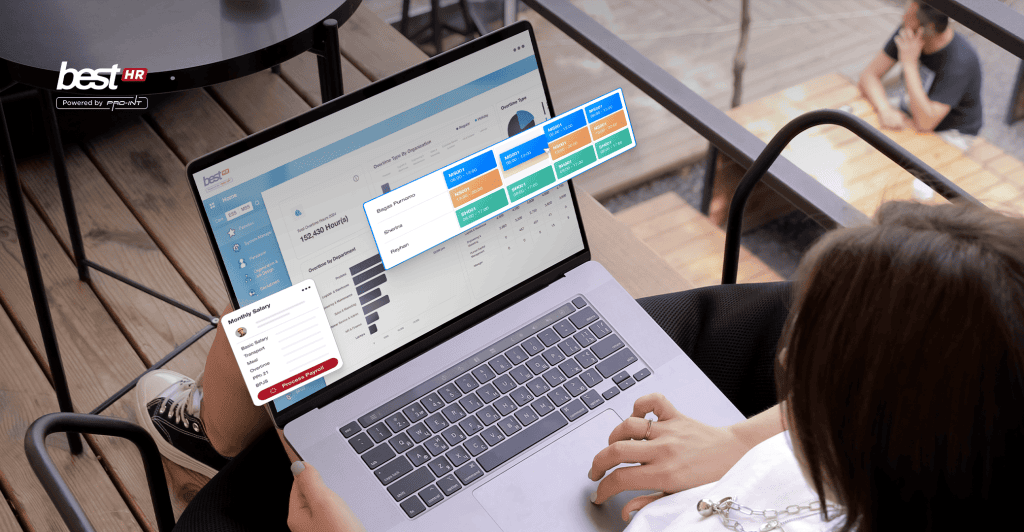 HRIS software interface on a laptop showing digital HR management tools for optimizing human resource processes