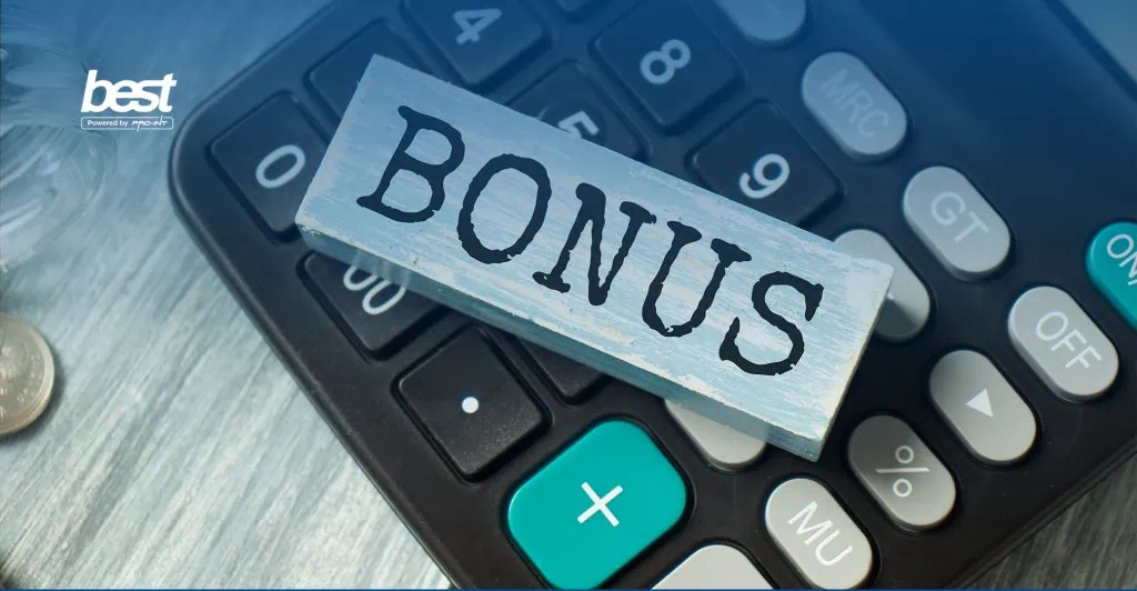 Bonus Payment Concept on Calculator BEST Software Indonesia Powered by ProInt Illustration of a bonus payment concept with a calculator and a BONUS label emphasizing financial incentives and employee benefits