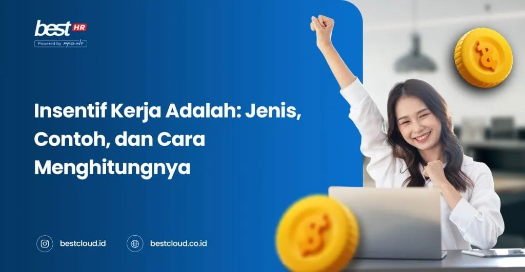 Woman celebrating success with coins and laptop, illustrating work incentives, in a professional office setting.