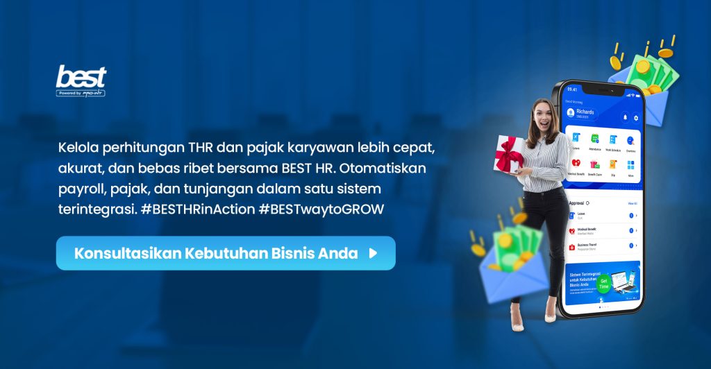 Illustration of a woman using a mobile app for tax and payroll management highlighting BEST Software Indonesia's features for HR and finance automation.