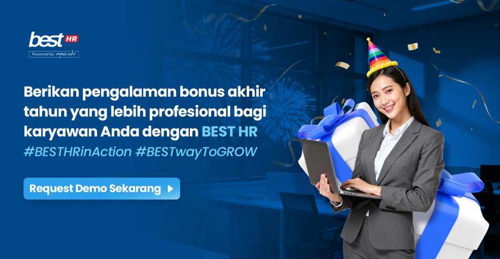Gambar menunjukkan sistem HRIS digital untuk pengelolaan bonus akhir tahun dan kinerja karyawan secara efisien