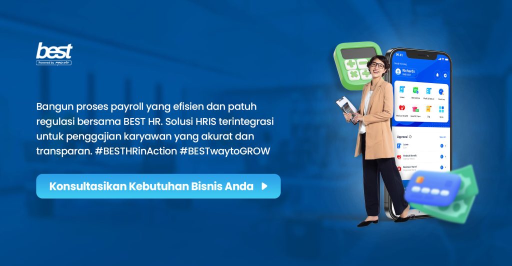 Woman using payroll app on smartphone with payroll and HR icons promoting seamless payroll management in Indonesia
