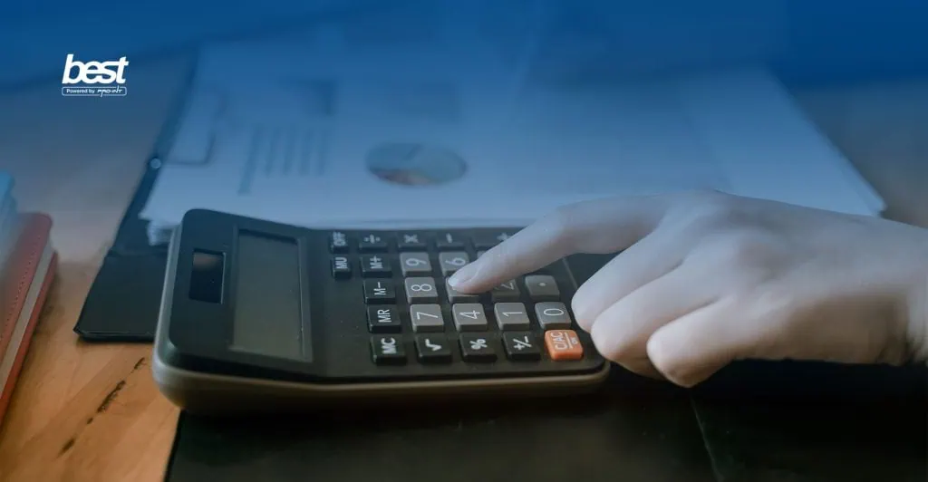 Pajak THR 2025 Dasar Hukum dan Solusi Otomatis BEST Software Indonesia Powered by ProInt Close up of a hand pressing calculator buttons illustrating tax calculation for THR 2025 with legal references and automated solutions for HR management