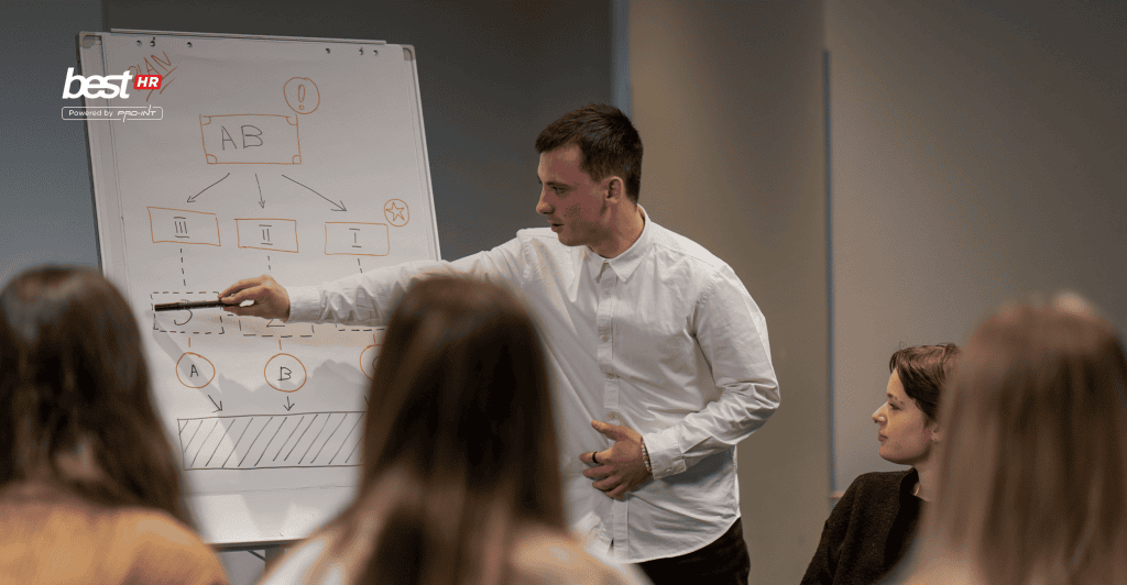 Business trainer explaining the Skill Will Matrix to improve employee performance and motivation in a corporate training session