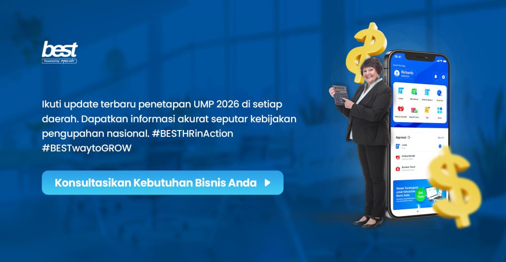 Illustration of a woman with a smartphone and dollar signs promoting UMP 2026 regional policy updates in Indonesia
