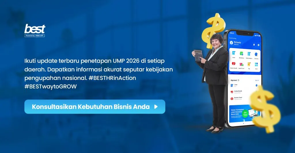 UMP 2026 Regional Policy Update BEST Software Indonesia Powered by ProInt Illustration of a woman with a smartphone and dollar signs promoting UMP 2026 regional policy updates in Indonesia