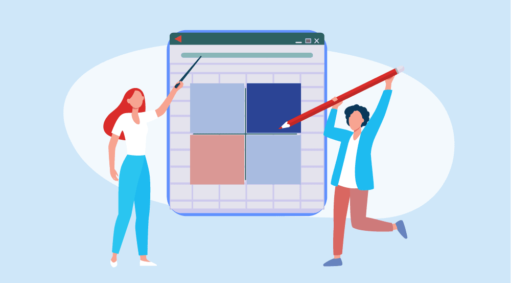Illustration of Skill Will Matrix showing employee motivation and performance levels with two characters analyzing a chart