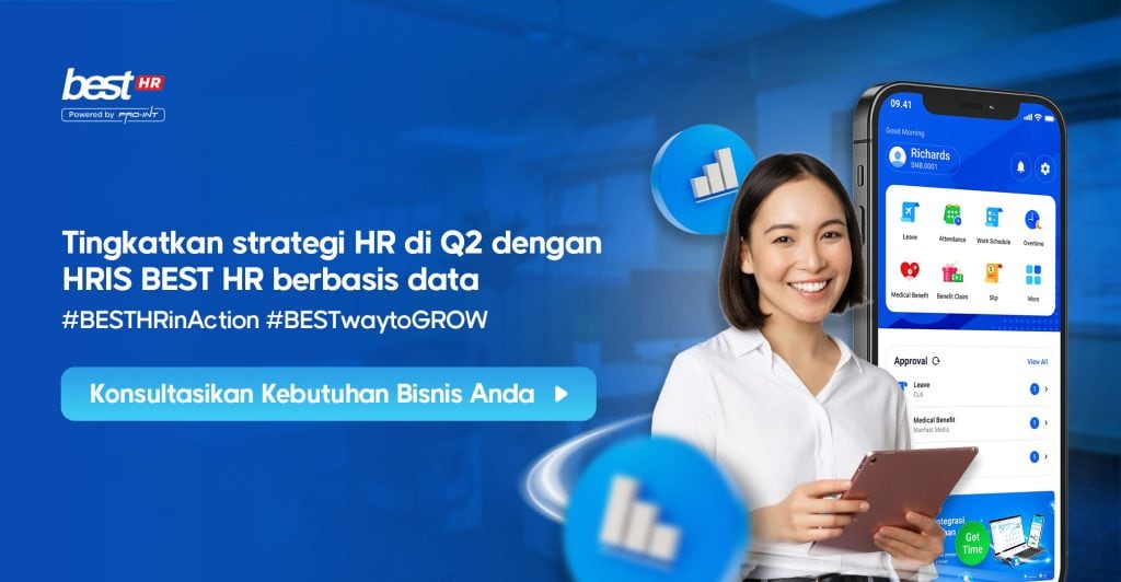 BEST HR powered by ProInt Professional woman using HRIS software on tablet promoting data driven HR strategies for Q2 post Ramadan aligned with Strategi HR Q2 Setelah Ramadan dengan HRIS