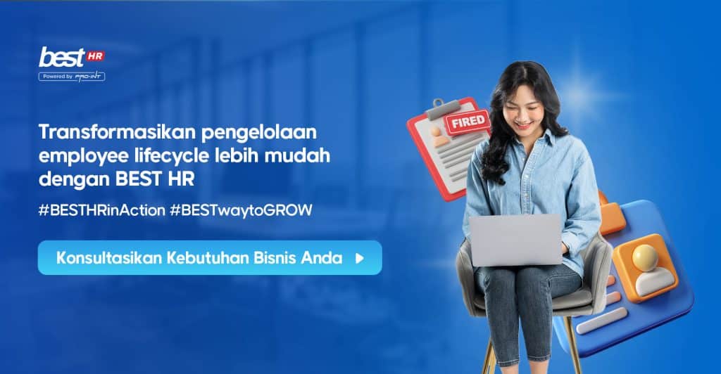 Woman using a laptop with HR related icons and text about employee lifecycle management by BEST HR in Indonesia